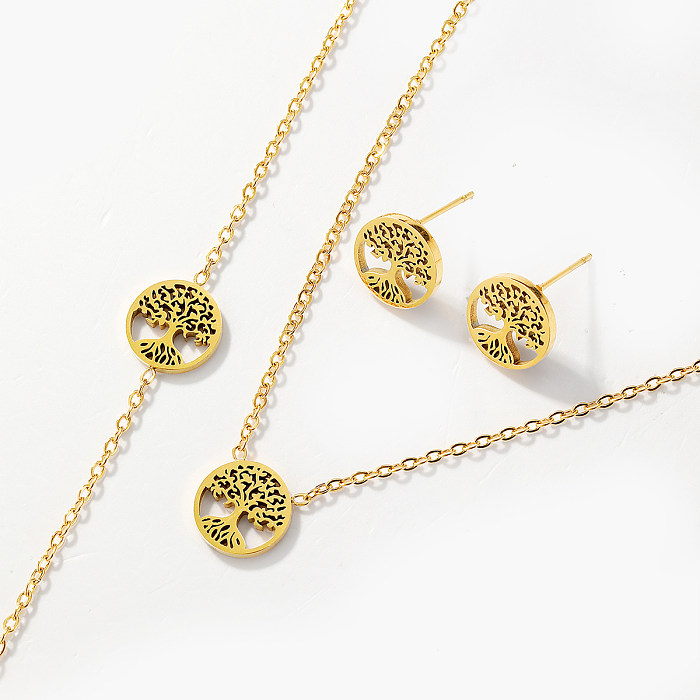 1 Set Mode runder quadratischer Baum Edelstahl-Beschichtung Inlay künstlicher Diamant 18 Karat vergoldet Damen-Ohrring-Halskette