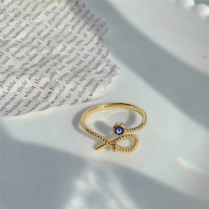Lässiger, einfacher Stil, offener Ring mit Teufelsaugen-Fisch-Motiv, Kupfer-Emaille-Beschichtung, Inlay und Zirkon