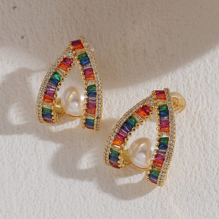 1 paire de boucles d'oreilles plaquées or 14 carats, Style moderne et élégant, incrustation de perles en cuivre et Zircon en forme de C