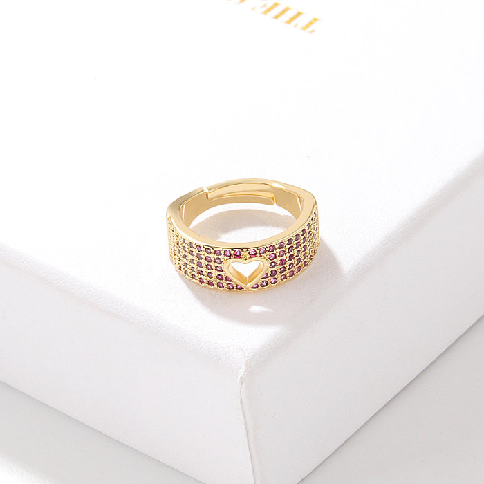 Placage d'anneau ouvert de cuivre de forme de coeur de mode évider les anneaux de cuivre de Zircon incrustés