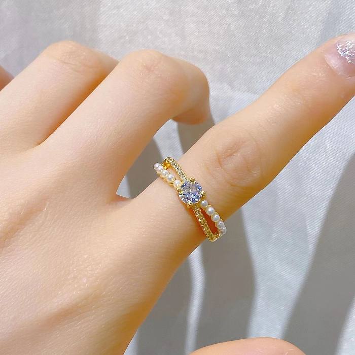 Simple Style Geometric Crown Copper Plating Inlay Artificial Pearls Zircon Open Ring