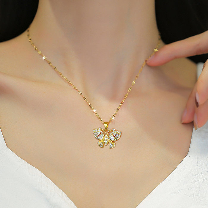 Mode Schmetterling Titan Stahl Kupfer Inlay Künstliche Diamant Anhänger Halskette