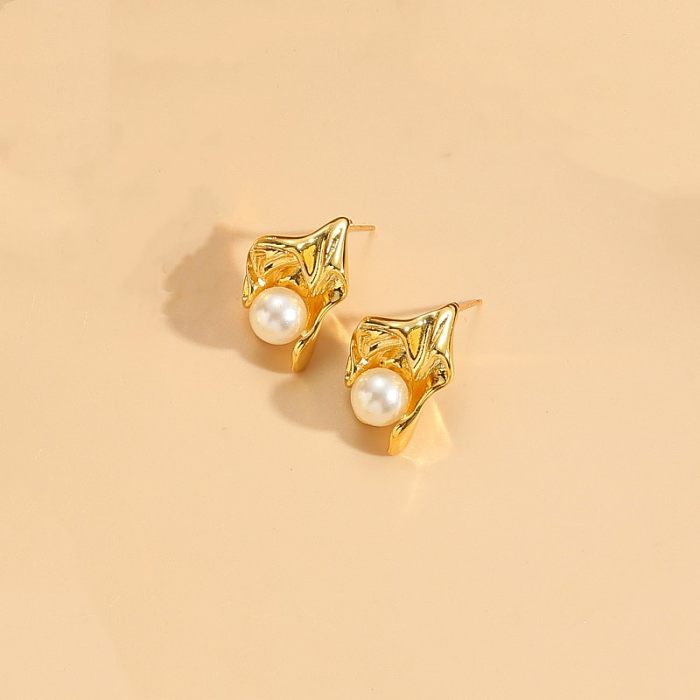 1 Pair Simple Style Irregular Round Enamel Plating Inlay Copper Pearl Zircon 14K Gold Plated Earrings