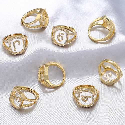 Lettre artistique de style classique décontracté, incrustation de cuivre, anneaux ouverts plaqués or 18 carats en Zircon