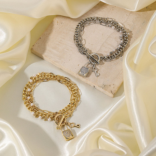 Style simple serrure à clé cuivre bascule placage incrustation perles artificielles Zircon plaqué or 18 carats bracelets plaqués argent