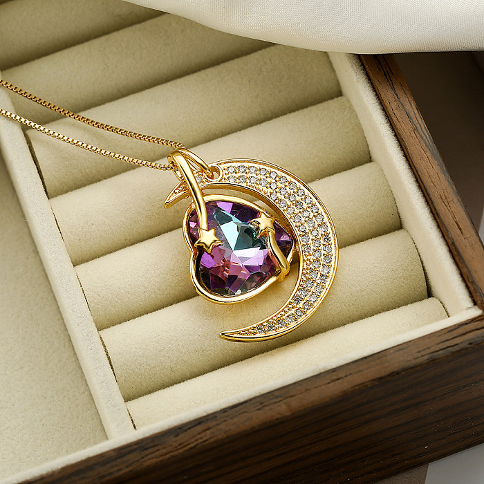 Elegant Moon Heart Shape Copper Plating Inlay Zircon 18K Gold Plated Pendant Necklace