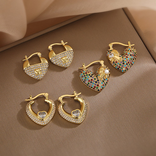 1 paire de boucles d'oreilles plaquées or 18 carats, Style Simple et doux, en forme de cœur, incrustation de cuivre et de Zircon