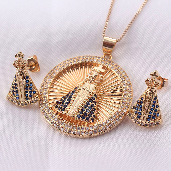 Conjunto de joyería y collar con pendientes chapados en oro con incrustaciones de cobre redondo humano estilo IG