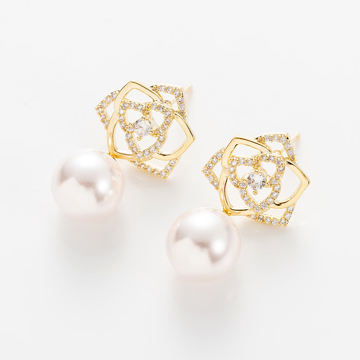 1 paire de boucles d'oreilles pendantes élégantes avec incrustation de fleurs glamour en cuivre et zircon plaqué or 18 carats