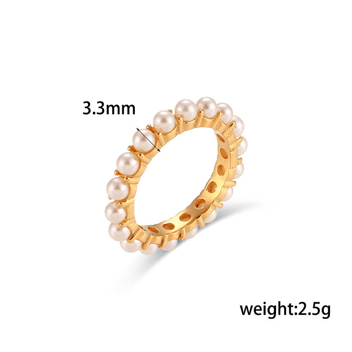 Fashion Round Stainless Steel Plating Inlay Pearl Rings 1 Piece