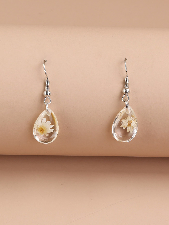1 Pair Pastoral Water Droplets Transparent Daisy Resin Copper Drop Earrings