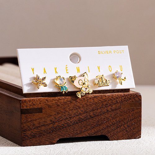 Simple Style Cartoon Character Star Flower Copper 14K Gold Plated Zircon Ear Studs In Bulk