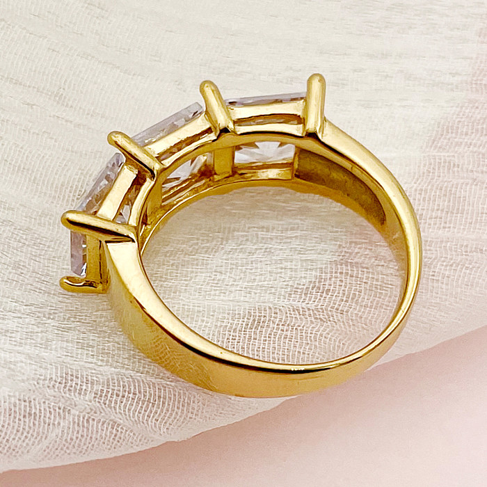 Anéis banhados a ouro de zircão embutido com chapeamento de aço inoxidável com coroa quadrada glam