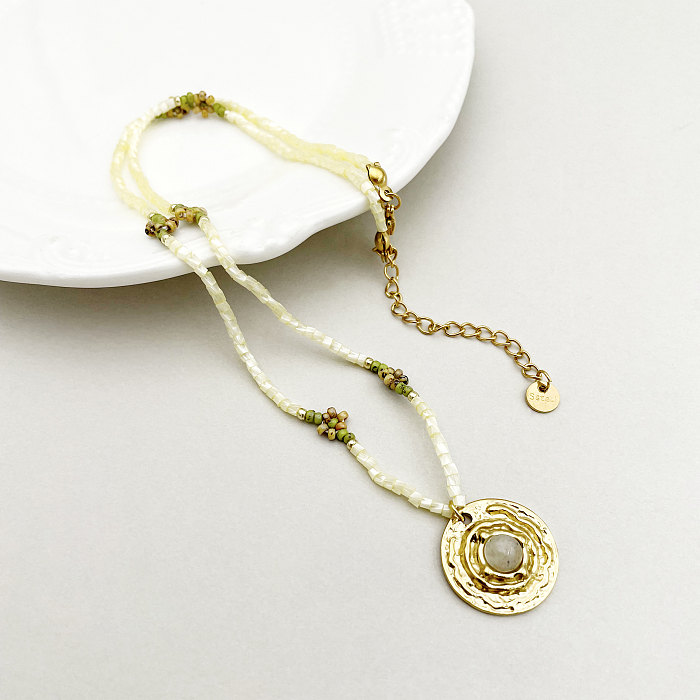 Collar de pulseras chapadas en oro de piedra Natural con incrustaciones de chapado de cuentas de acero inoxidable con flor redonda de estilo Simple informal