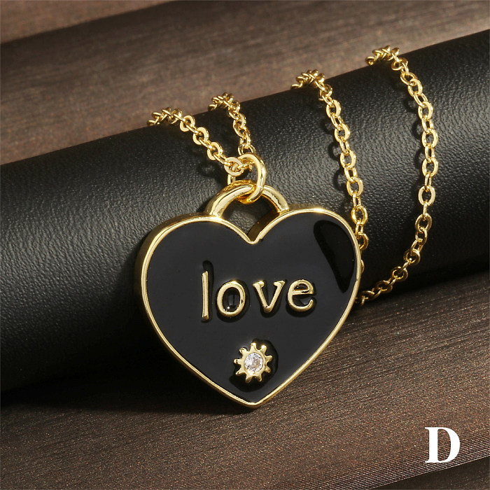 Elegante letra doce formato de coração cobre esmaltado incrustação de zircão colar com pingente banhado a ouro 18K