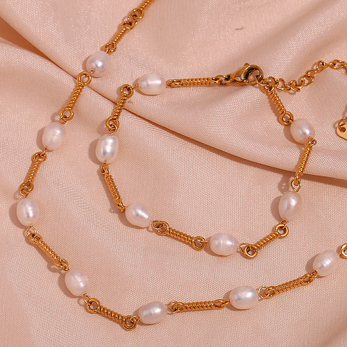 Grundlegender Vintage-Stil, klassischer Stil, einfarbig, Edelstahl, Perlenbeschichtung, 18 Karat vergoldete Armbänder, Halskette
