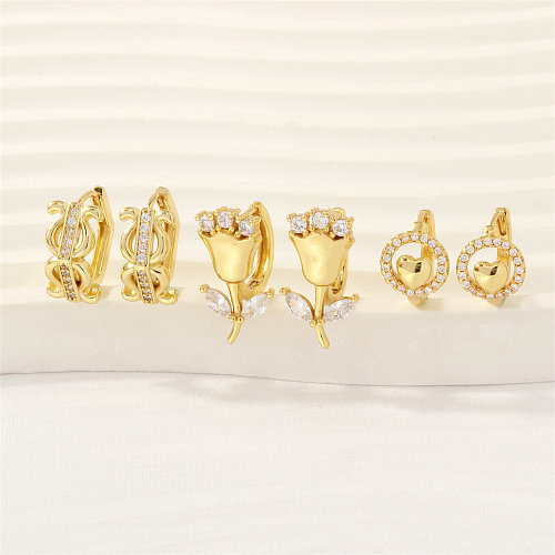 1 Pair IG Style Simple Style Heart Shape Rose Plating Inlay Copper Zircon 18K Gold Plated Ear Studs