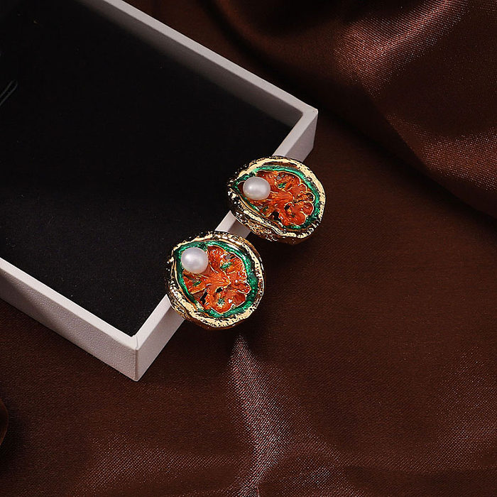 1 Pair IG Style Retro Irregular Painted Plating Inlay Copper Artificial Pearls 18K Gold Plated Ear Studs