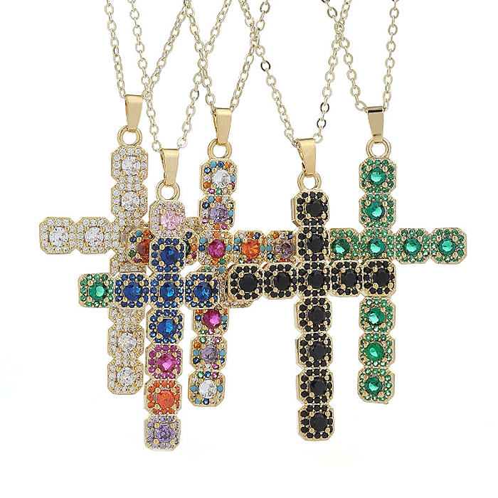 Classic Style Cross Copper Inlay Zircon Pendant Necklace