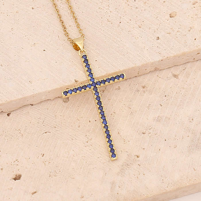 Simple Style Cross Copper Plating Zircon Pendant Necklace 1 Piece