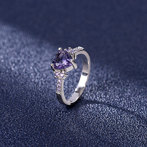 Anel de ametista em forma de coração de zircão moda europeia anel de zircão roxo joia