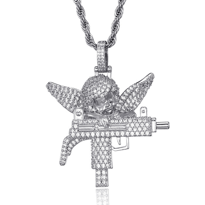 Collier pendentif ange décontracté mitrailleuse en acier inoxydable incrustation de cuivre strass