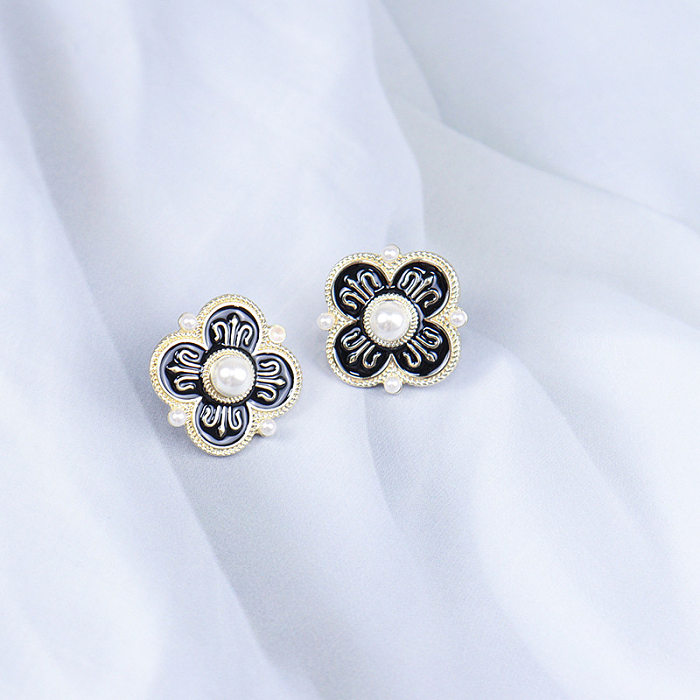 1 Paar Lady Flower Plating Inlay Kupfer Künstliche Perlen Künstliche Diamant Ohrstecker