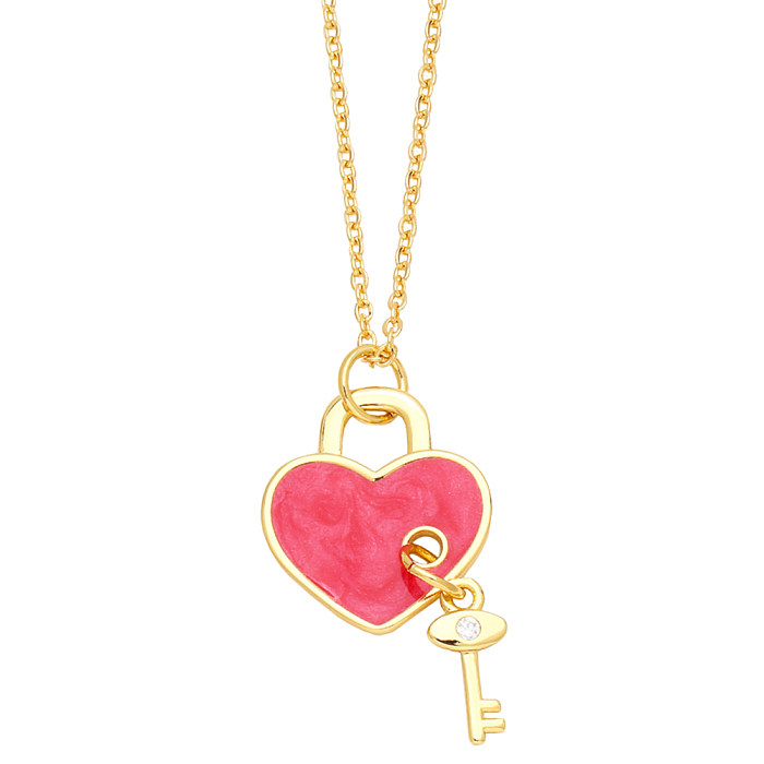 INS Style Heart Shape Key Lock Copper Enamel Plating Inlay Zircon 18K Gold Plated Pendant Necklace
