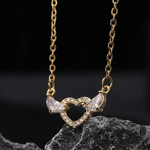 Sweet Heart Shape Titanium Steel Copper Plating Inlay Zircon 18K Gold Plated Pendant Necklace