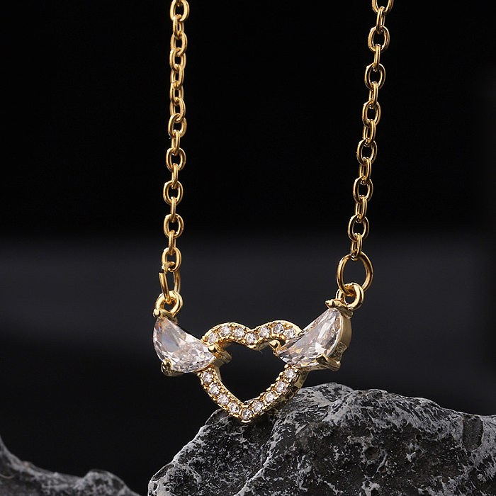 Doce coração forma titânio aço cobre chapeamento inlay zircon 18k colar pingente banhado a ouro