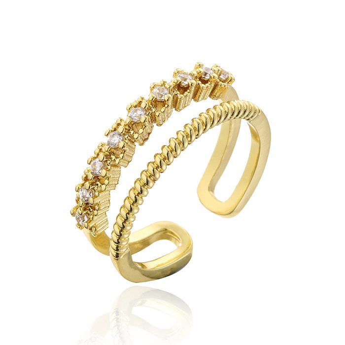 Fashion Copper 18K Gold Zircon Geometric Cross Hollow Open Ring