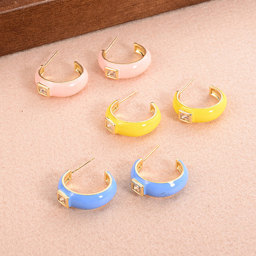 1 Pair Cute Sweet C Shape Enamel Plating Inlay Copper Zircon 14K Gold Plated Ear Studs