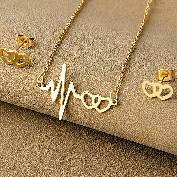 Casual Simple Style Electrocardiogram Heart Shape Stainless Steel Plating Hollow Out Jewelry Set