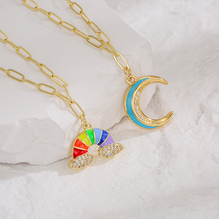 Fashion Copper Plating 18K Gold Zircon Dripping Moon Rainbow Pendant Necklace Female