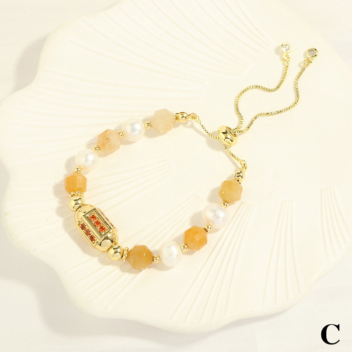 Bohemian Simple Style Multicolor Freshwater Pearl Stone Copper Beaded Plating Inlay Zircon 18K Gold Plated Bracelets