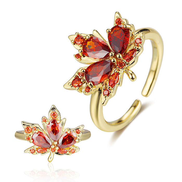 Estilo moderno folha geométrica flor chapeamento de cobre anéis abertos de zircão