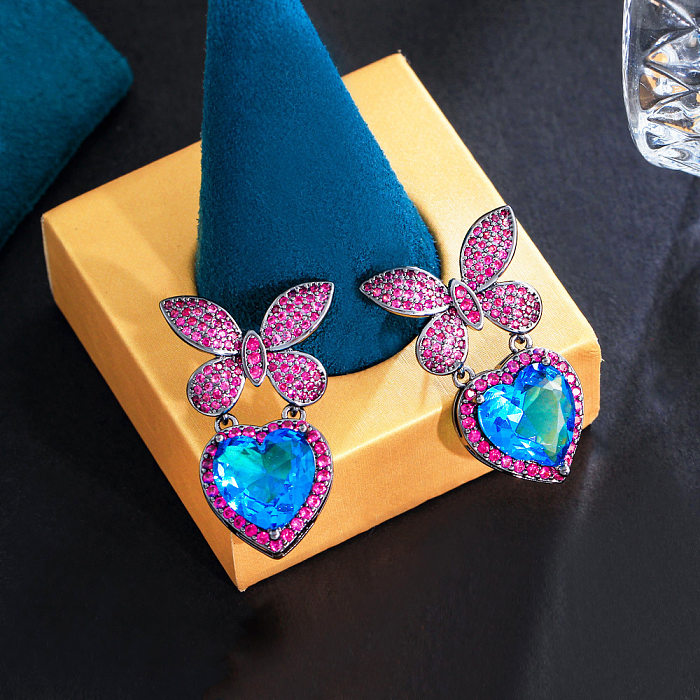 Boucles d'oreilles pendantes en forme de cœur brillant, 1 paire, incrustation de placage papillon en cuivre Zircon plaqué or rhodié