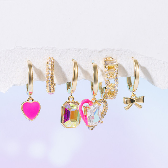 Yakemiyou Classic Style Heart Shape Flower Copper Enamel Zircon Dangling Earrings Drop Earrings 1 Set