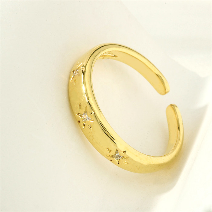 Simple Style Star Lines Copper Plating Inlay Zircon 18K Gold Plated Open Rings