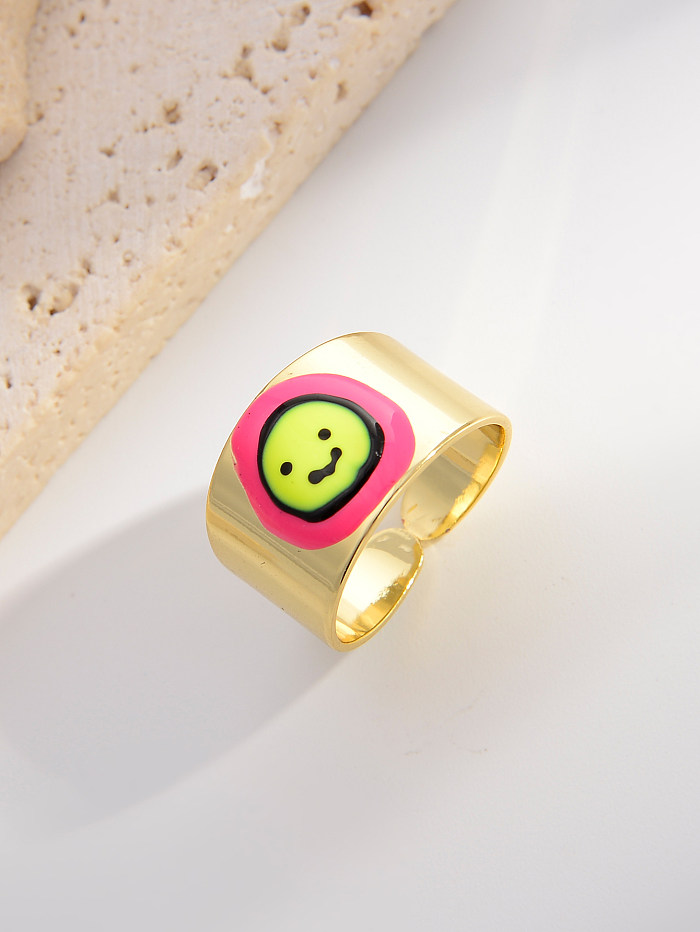 Niedliche offene Ringe im Vintage-Stil mit rundem Smiley-Gesicht, Kupfer-Emaille-Beschichtung, vergoldet