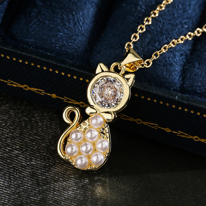 1 Piece Fashion Cat Owl Pineapple Copper Plating Inlay Artificial Pearls Zircon Pendant Necklace