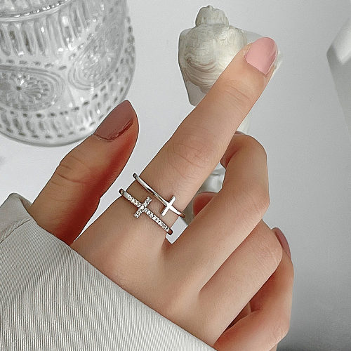 Simple Style Cross Copper Plating Inlay Zircon Open Ring