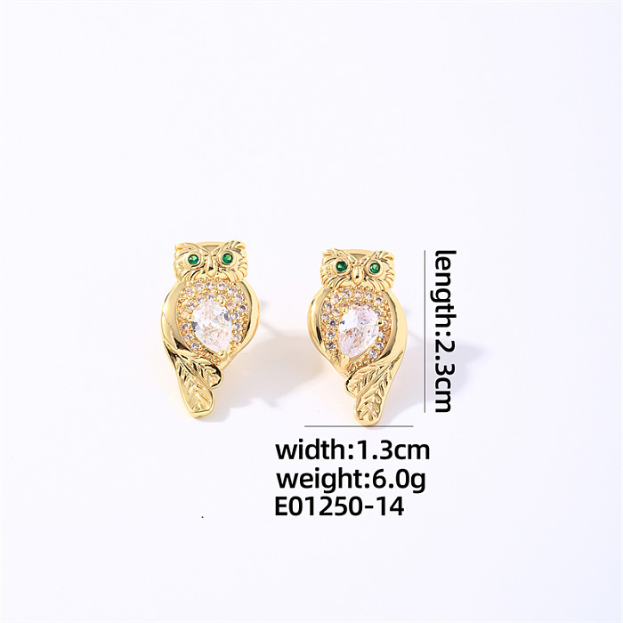 1 Pair Casual Simple Style Owl Plating Inlay Copper Zircon Gold Plated Ear Studs