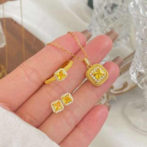 Rétro Streetwear carré titane acier placage incrustation Zircon anneaux boucles d'oreilles collier