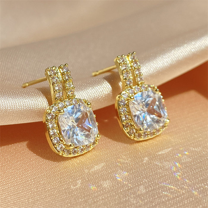 1 Pair Elegant Lady Square Plating Inlay Copper Zircon Earrings