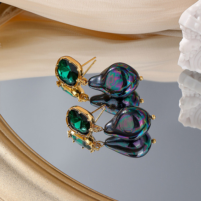 1 paire de boucles d'oreilles pendantes en cuivre et Zircon, Style Vintage, incrustation de vernis au four géométrique