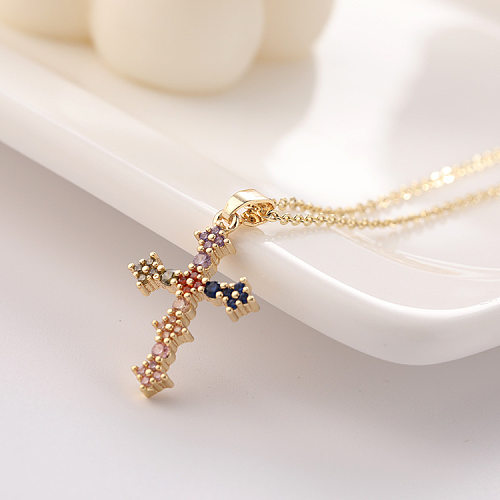 Fashion Jewelry Inlaid Color Zircon Cross Pendant Copper Necklace Wholesale