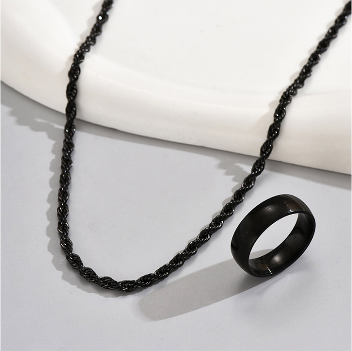 1 ensemble de colliers et anneaux torsadés en acier inoxydable, couleur unie, style Hip-Hop