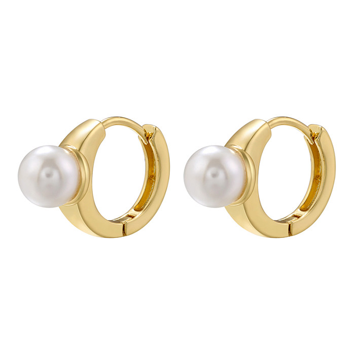 1 Pair Simple Style Round Plating Inlay Copper Artificial Pearls 18K Gold Plated Earrings
