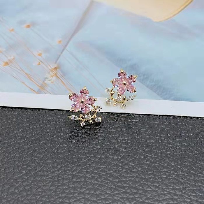 1 Pair Elegant Flower Plating Inlay Copper Rhinestones Ear Studs